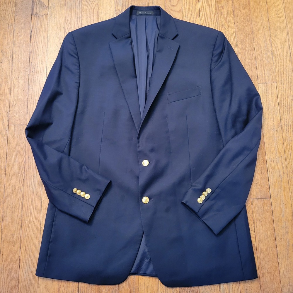 Ralph Lauren 44L Blazer‎ Navy Blue Wool Gold Crest Buttons Sport Coat Jacket